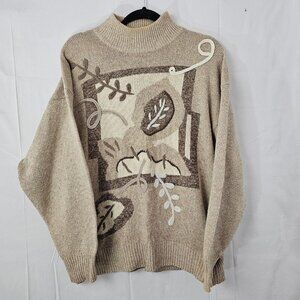 Vtg Santoria Sweater Womens XL Mock Beige Silk Angora Embroider Fall Sweatshirt